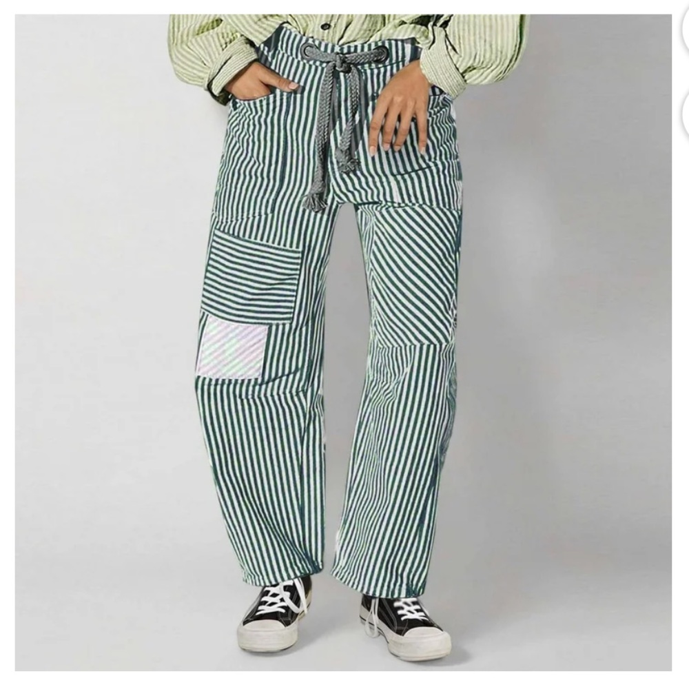 Striped Wide-Leg Patchwork Pants in Green and White by